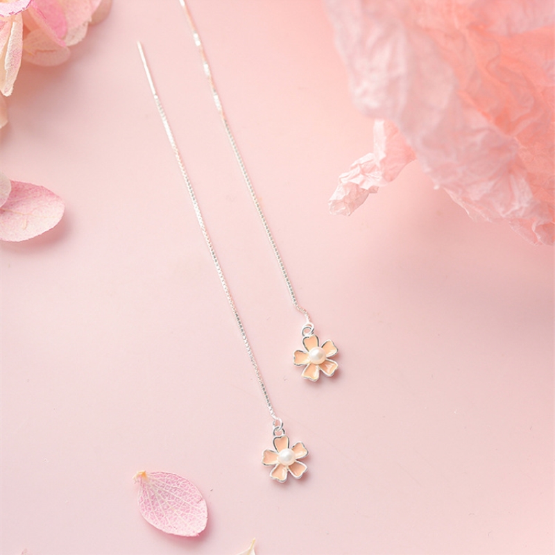 Korean Pearl Fresh Cherry Blossom Ear Wire Flower 925 Sterling Silver Temperament Personality Fashion Female Earring SEA043