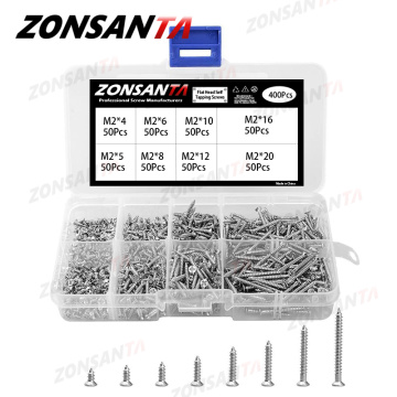 ZONSANTA 400Pcs M2 Cross Flat Head Self Tapping Screw Assortment Kit Wood Thread Nail Screw Sets DIY Countersunk Head Smal Scres