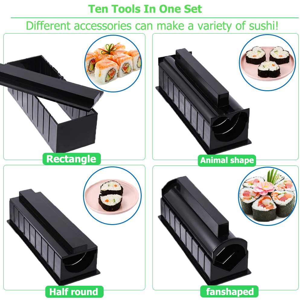 10pcs/set Sushi Maker Multifunctional Rice Roll Mold Making Sushi Tool with Gloves Japanese Rice Ball Cake Roll Mold Rice Mould