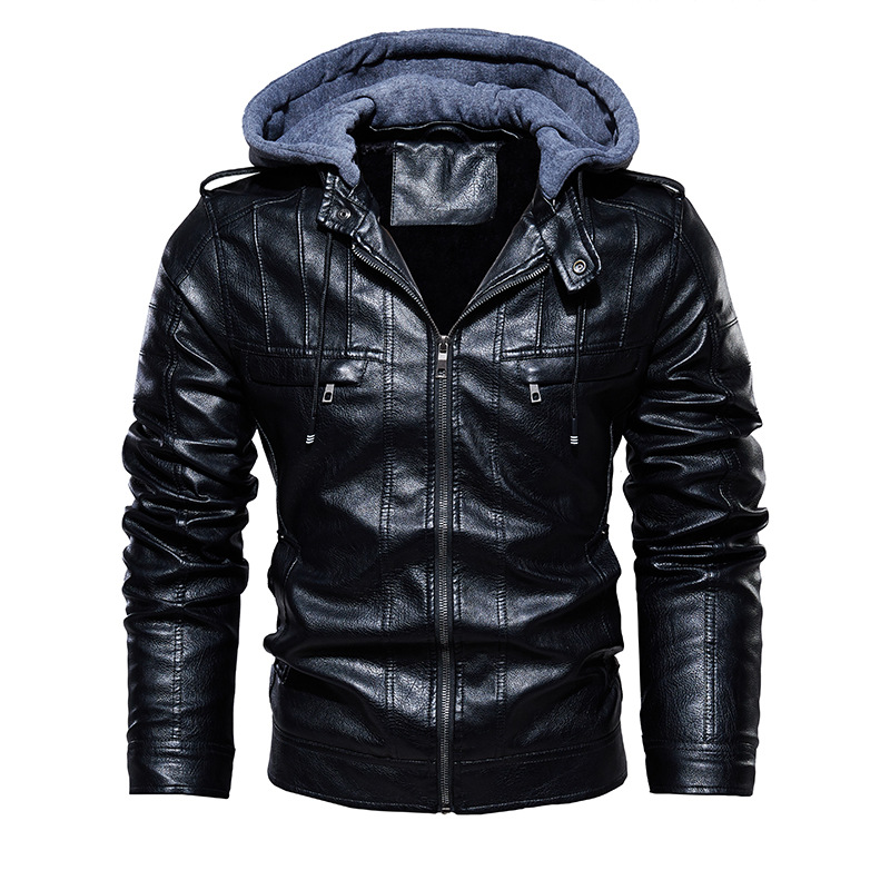 Mens Jacket PU Leather Jacket Men Hooded Coat Fur Lined Motorcycle Jacket Fashion Coat Autumn Winter Coat Plus Size 4XL 5XL