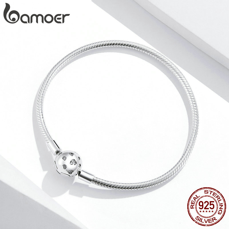 BAMOER Authentic 100% 925 Sterling Simple Heart Original Bracelet Bangle for Women Luxury Jewelry bracelet 17-19CM SCB188