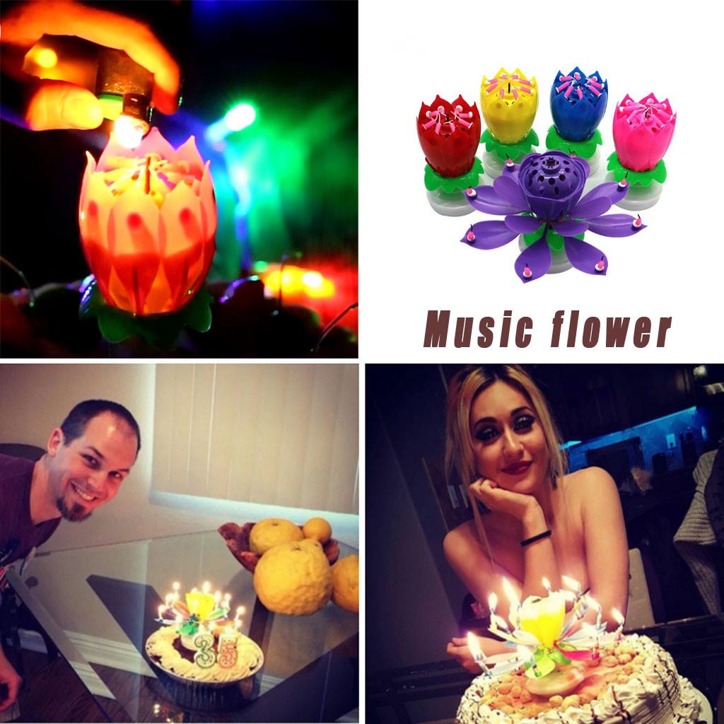 Music Candle Double Flower BlossomS Birthday Cake Flat Rotating Electronic