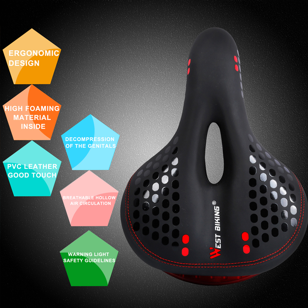 WEST BIKING Bicycle Saddle with Tail Light Thicken Widen MTB Bike Saddles Soft Comfortable Bike Hollow Cycling Bicycle Saddle
