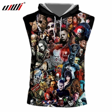 UJWI Man Skull Horror Mask Hooded Tank Top Men's 3D Harajuku Oversized Tee Shirt Printed Cartoon Fitness