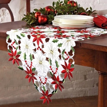Christmas Embroidered Table Runner, Luxury Holly Poinsettia Table Runner for Christmas Decorations, 15 x 70 Inch