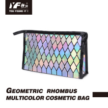 Geometric rhombus multicolor leather cosmetic bag