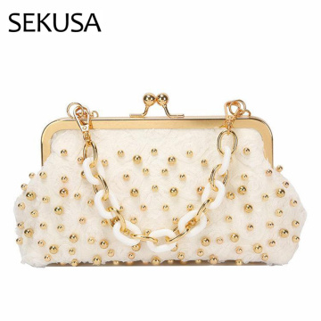 New embroidery women evening bag beaded with chain shoulder clutch metal luxury metal party handbags for female purse