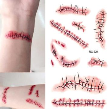 Temporary Tattoo Sticker Drawing Body Art Fake Water Transfer Terror Wounds Stitched Injuries Tattoos Sticker For Halloween