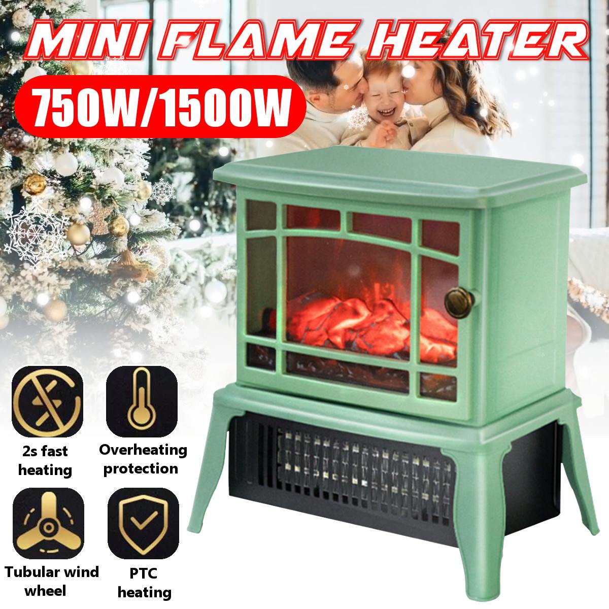 220V 1500W Electric Fireplace Heater 3D Flame Simulation Fires Stove Burner Energy-saving Vertical PTC 2s Fast Heating Household