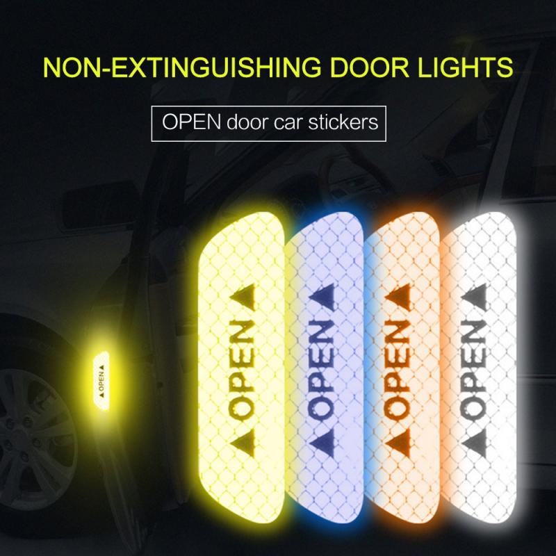 4Pcs Warning Mark Car OPEN Reflective Warning Stickers Door Opening Tips Anti-collision Stickers Safety Sticker Car Accessories