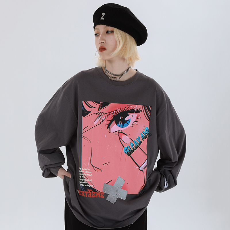 2020 Men Hip Hop Oversized T Shirt Long Sleeve Streetwear Japanese Anime Girl Tshirt Harajuku Cartoon Tops Tees Cotton Loose