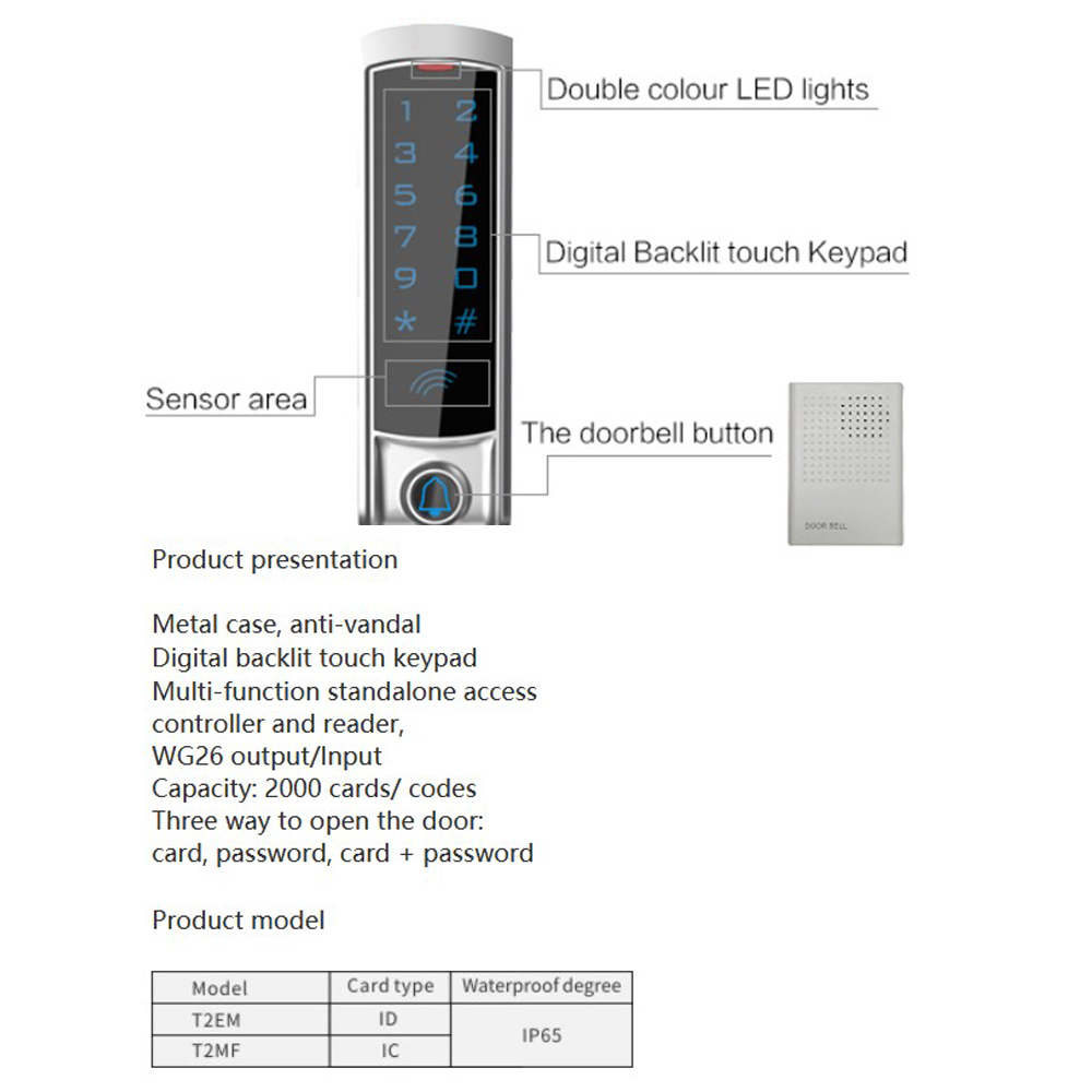 RFID Digital Backlit Touch Keypad Standalone 125KHz EM 13.56MHZ Card Waterproof Metal Touch Access Control system