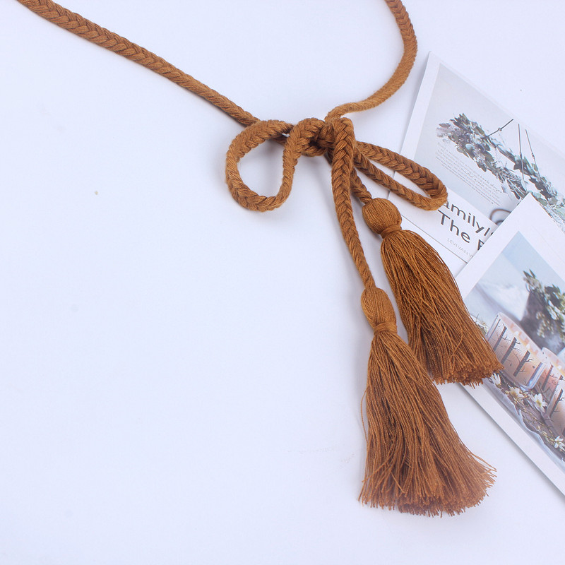 fashion women tassel Braided waistband Twist weaving knitted belt decorated rope for dresses shirt brown black cotton string