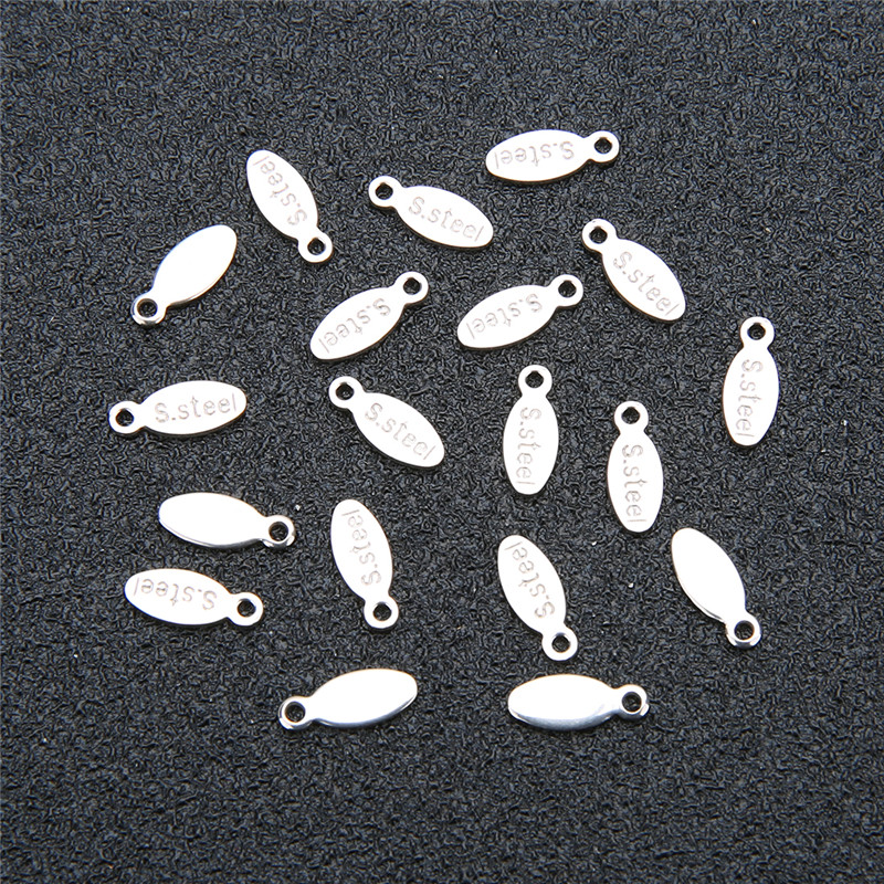 Sauvoo 100pcs/lot Stainless Steel S Steel Engraved Charm 4x10mm Silver Tone Teardrop Tags Connector for DIY Necklace Findings