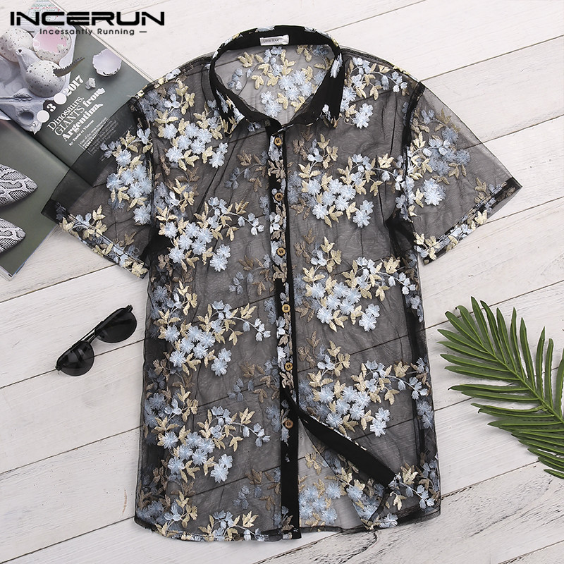 INCERUN Fashion Men's Shirt Short Sleeve Flower Embroidered Mesh Sexy Shirt Men See Through Slim Transparent Lace Shirt Tops