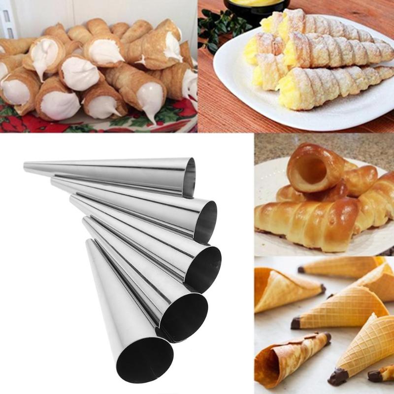 5Pcs/set DIY Baking Cones Stainless Steel Spiral Baked Croissants Tube Horn Pastry Roll Cake Mold for Cream Horns Chocolate Cone