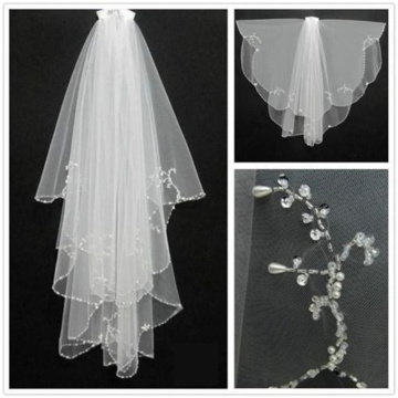 Bridal Veil Two Layers Women's Flower Beaded Lace Pearls Wedding Veils Short Bride Veil With Comb Veil velo de novia White Ivory
