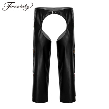 Mens Wild West Cowboy Sexy Club Costume Exotic Pants Sissy Crotchless Chaps with Fringed Details Buckled Loose Long Pants