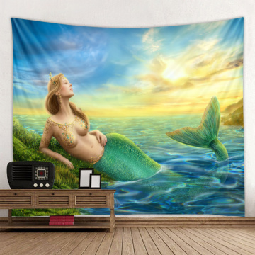 Cartoon oil painting mermaid landscape tapestry digital printing bedside wall decoration hanging cloth extra large size optional