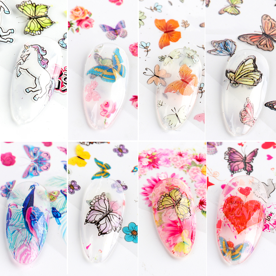 10pcs Butterfly Nail Art Transfer Foil Decals Unicorn Cartoon Animals Slider For Nails Flowers Stickers DIY Manicure Tips NL1803
