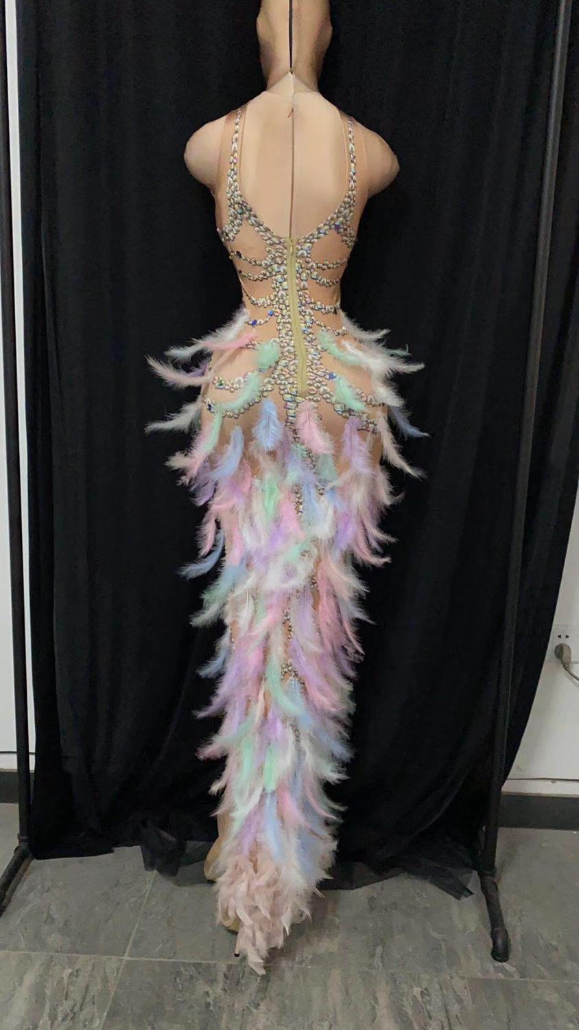 Sexy Stage Multi-color Rhinestone Pearl Sequin Feather Slit Feather Dress Prom Birthday Celebrate Dress Women Dancer Show Dress