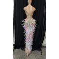 Sexy Stage Multi-color Rhinestone Pearl Sequin Feather Slit Feather Dress Prom Birthday Celebrate Dress Women Dancer Show Dress