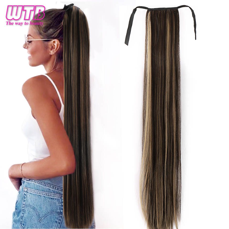 WTB Long Silky Straight Synthetic Drawstring Ponytail Hairpieces for Women Clip In Hair Tail False Hair 80cm Hair Extensions