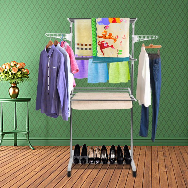 Stainless Steel Three Layer Foldable Hanger Clothes Drying Rack Storage Bathroom Household Shoes Movable Hanger Baby Clothes HWC
