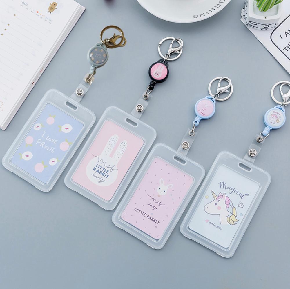 Cute Card Holder With Keychain ID Bus Card Cover Case With Key Rings For Women Men Transparent Plastic Ferrule