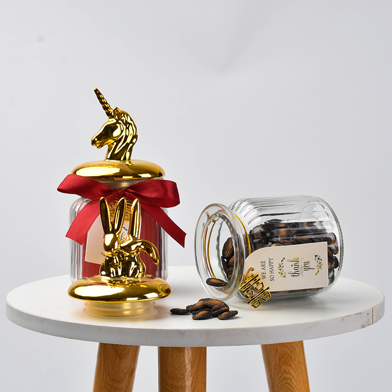 Nordic Gold Plated Ceramic Cover Glass Jar Color Candy Snack Storage Tank Cartoon Animal Shape Home Decoration Storage Container