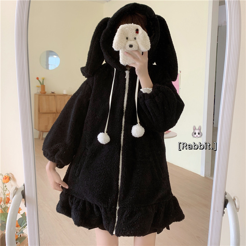 Japanese Style Autumn Winter Women Sweet Warm Jacket Kawaii Soft Lambswool Ruffles Rabbit Ears Hooded Coats Girls Parkas Outwear