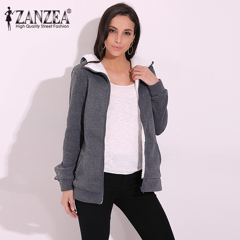 ZANZEA 4XL Winter Coats 2020 Autumn Women Long Hoodies Sweatshirts Casual Thick Fleece Zipper Outerwear Hooded Jacket Plus Size