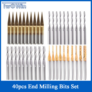 40pcs 3.175mm Titanium Coated Essential CNC Router Bits End Mill Cutter Mini PCB Carbide Router Bits Kit Set For Milling Tools