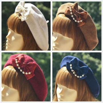 Biamoxer Vintage Women Lolita Gothic Wool Bow Elegant Womens Lolita Pearl Bow Wool Beret Hat Sailor Artist Painter Cap Gifts
