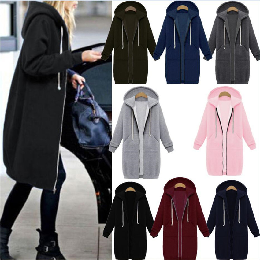 2020 Autumn Winter Casual Women Long Hoodies Sweatshirt Coat Zip Up Outerwear Hooded Jacket Plus Size Outwear Tops