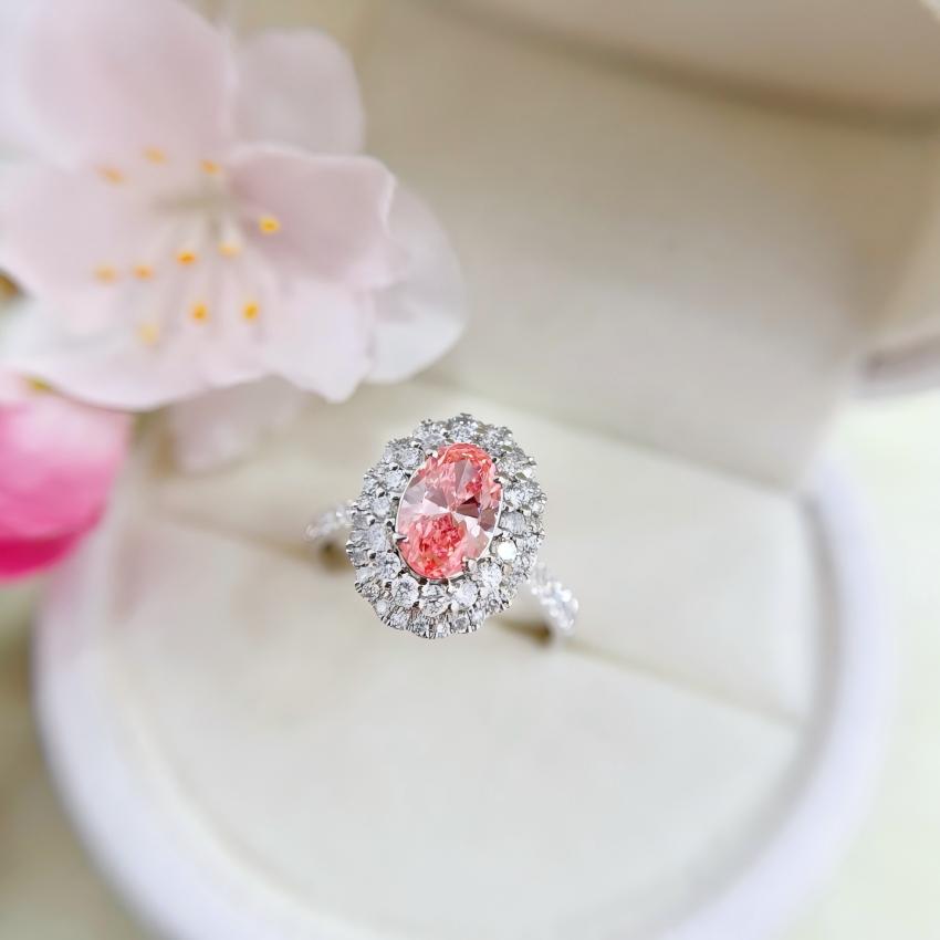 1 carat oval pink lab diamond detachable halo ring in 18K white gold