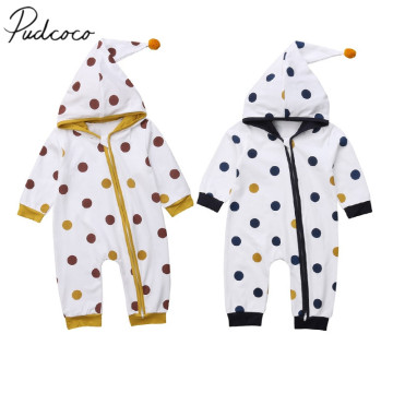 2018 Brand New Newborn Infant Baby Girls Boys Autumn Winter Romper Long Sleeve Cuspate Hooded Zipper Dot Jumpsuit Playsuit 0-24M