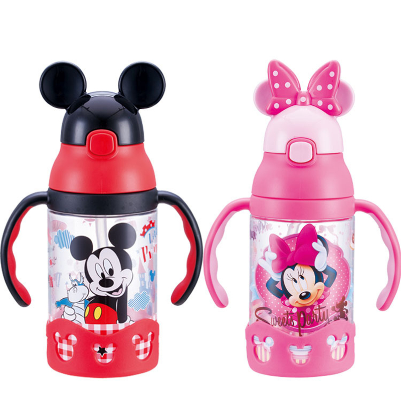 Disney 400ML Children Press The Cup Handle Baby With Straw Leak-proof Plastic Cup Flip Lovely Portable Children's Bottle