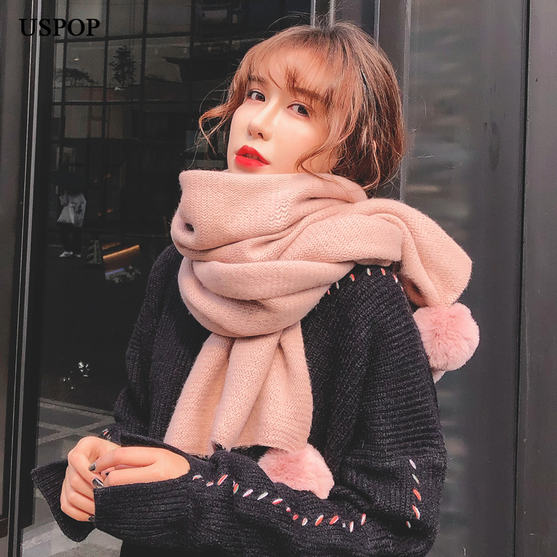 USPOP New winter scarf solid color pompoms women scarves soft warm knitted scarf female large shawl