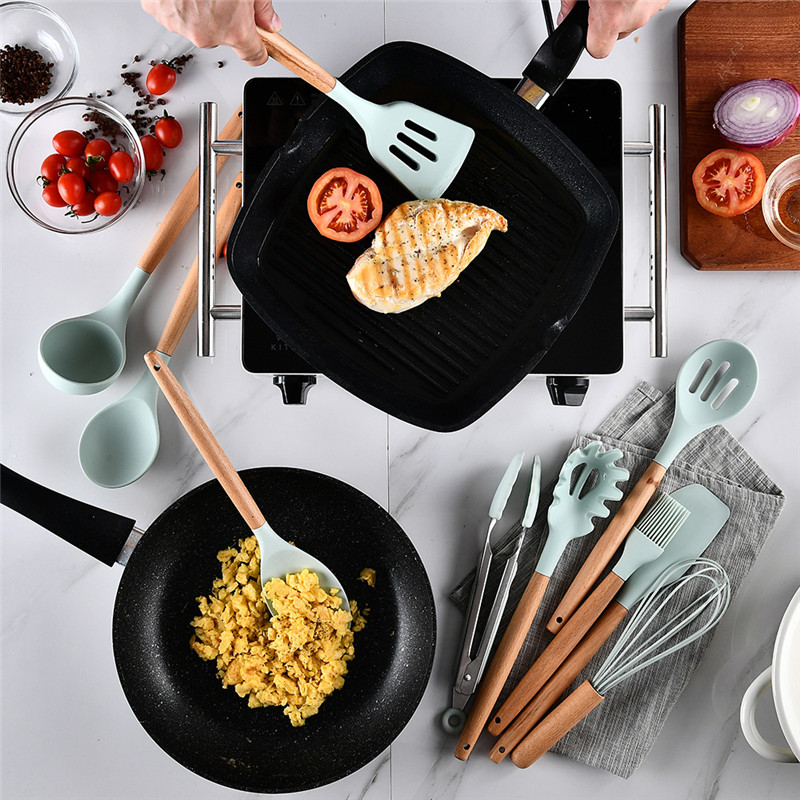 Black Cooking Tools Set Premium Silicone Utensils Set Turner Tongs Spatula Soup Spoon Non-stick Shovel Oil Brush Kitchen Tools