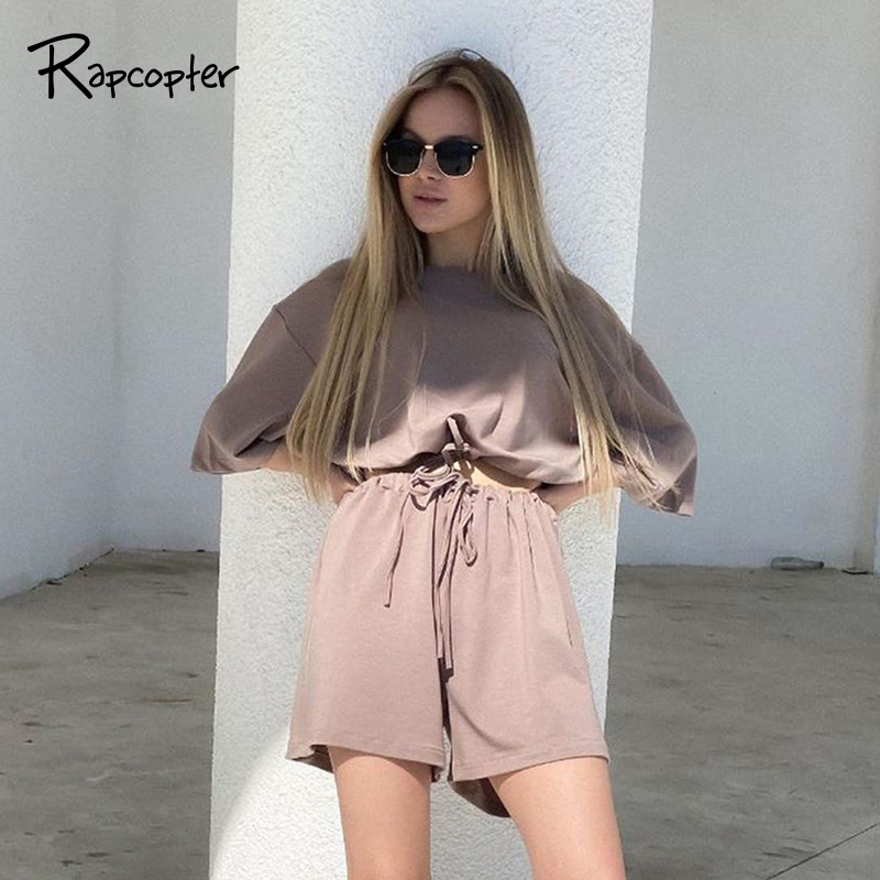 Rapcopter Solid Color Casual Woman Set Short Sleeve Drawstring Streetwear Suit 2020 Summer New Fashion Two Piece Sets Tee Shorts