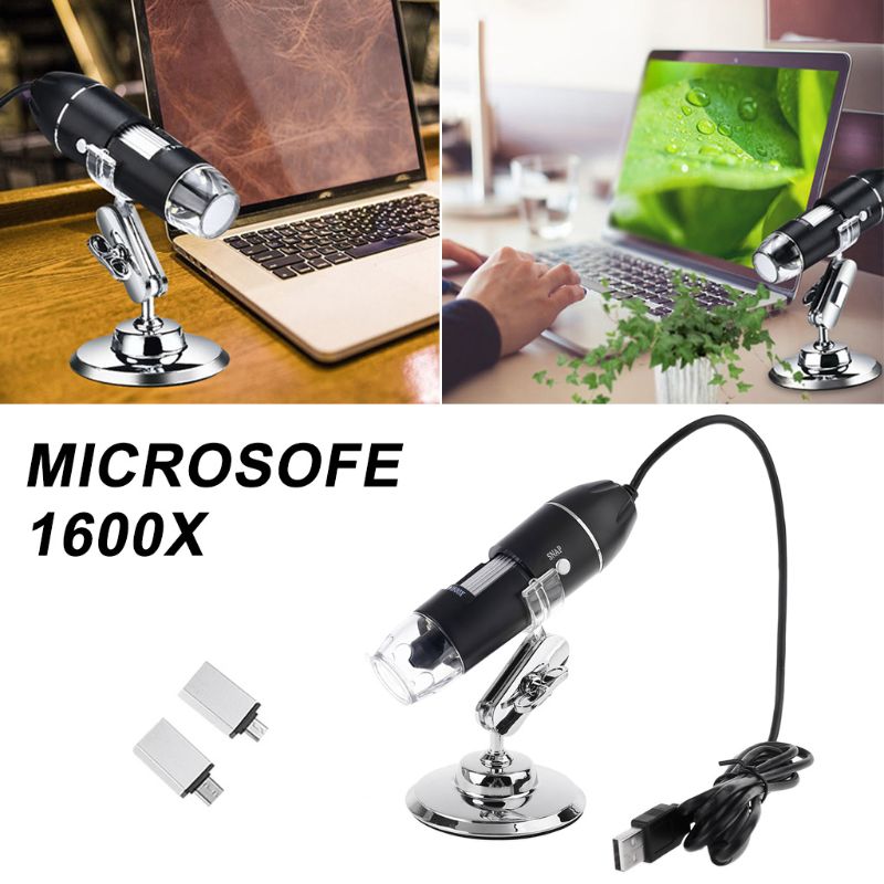 3-in-1 Digital Microscope 1600X Portable 2Adapters Support OSX Windows PC Type-C Micro-USB Phone USB Magnifier with 8LED