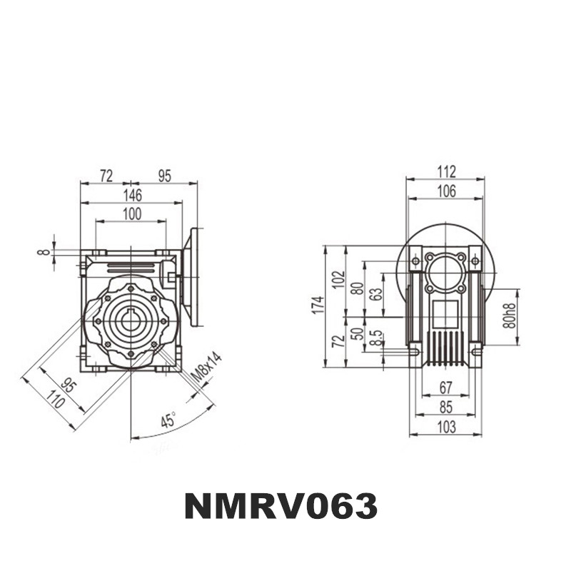 NMRV063 Worm Reducer 14mm 19mm 22mm 24mm input shaft 5:1 - 100 :1 Gear Ratio Worm Gearbox Speed Reducer