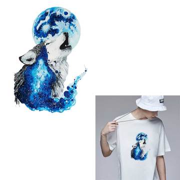 Fashion Blue Wolf Prints For Clothing Iron-on Transfer For Clothing Heat-Transfer Clorhing Stickers Applique Decor Washable Diy