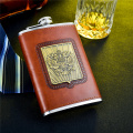 GENNISSY Russia's Emblem Printed Whiskey Flask 9 oz Stainless Steel Brown Leather Packed Hip Flask Portable Drink Flasks Gift