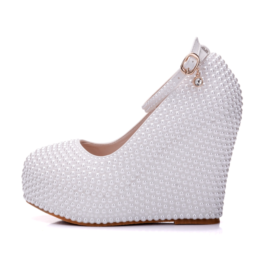 Crystal Queen Woman Platform Wedges White Ivory Pearl Crystal Rhinestone Wedding Bridal Shoes High Heels Pumps Wedges 11.5cm