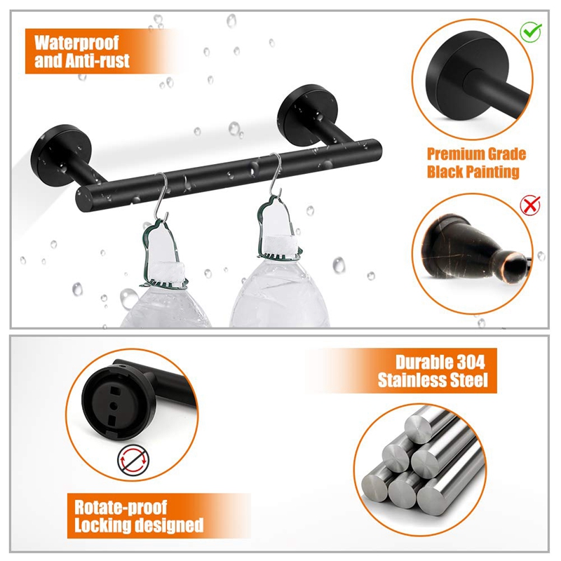 5-Pieces Matte Black Bathroom Hardware Set Stainless Steel Round Wall Mounted - Includes 12 Inch Hand Towel Bar, Toilet Paper Ho