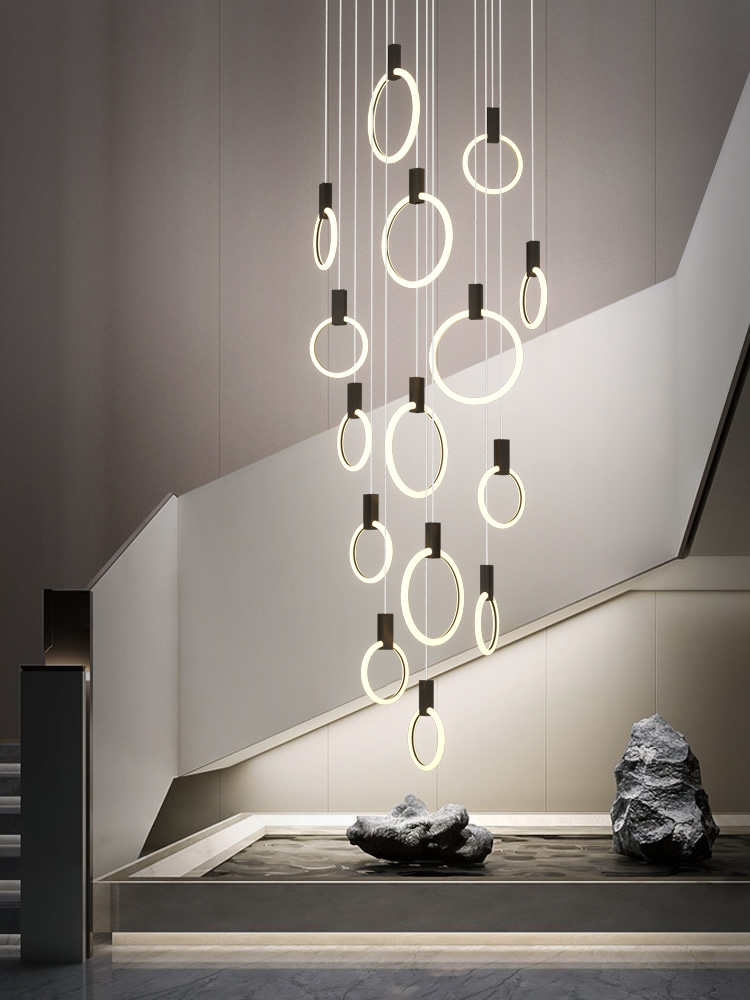 Nordic luxury black LED Spiral staircase long ring chandelier large hanging lamp modern villa lighting living room round fixture