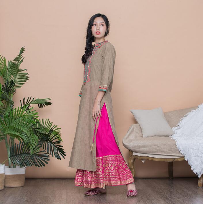 Woman Fashion Ethnic Kurtas Styles Print Jacket Cotton India Dress Costume Lady Long Coffee Top