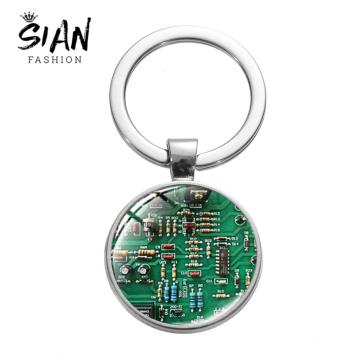 SIAN Hot Fashion Computer Green Circuit Board Keychain Handmade Geometry Glass Cabochon Pendant Metal Keyring Men Student Gifts